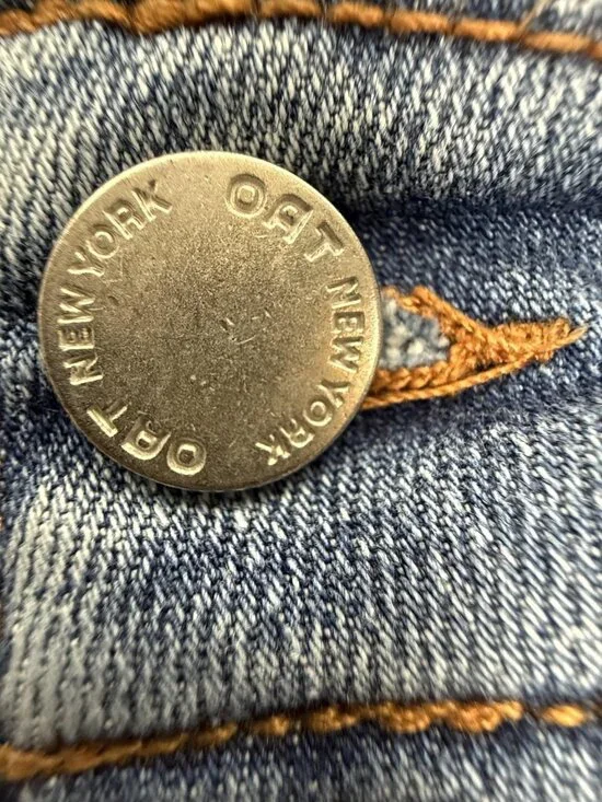 OAT New York Wide Leg High Rise Jeans Womens 10 Blue Boho Raw Hem Stretch Denim - Picture 7 of 9